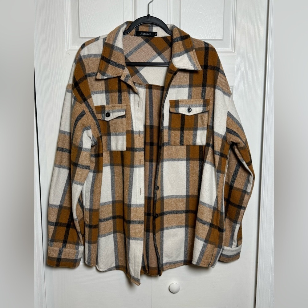 Automet XL Plaid Shacket Jacket Brown Cream Button Front Oversized Flannel - Picture 2 of 10